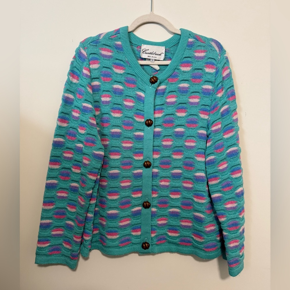 Vintage Castlebrook Turquoise Cardigan Sweater – Size M (18) – Made in USA